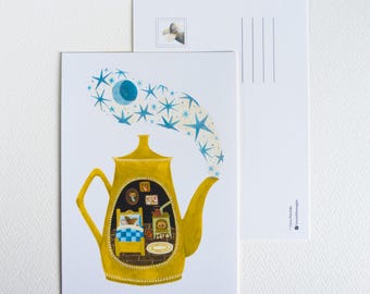 Teapot House / Whimsical Watercolor Postcard / Mouse Illustration / Snail Mail / Postcrossing / Fall Stationery / Woodland Critter Art