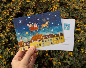 Babbo Natale / Cartolina festiva / Biglietto di Natale stravagante / Illustrazione invernale accogliente / Renna e slitta / Posta ordinaria / Postcrossing