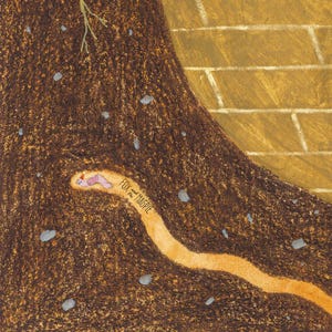 Puede incluir: Ilustraci&oacute;n de libro infantil con un gusano rosa en un t&uacute;nel, con un sombrero. El texto "Fox and the Magpie" est&aacute; escrito en un camino curvo. El fondo es marr&oacute;n y beige, con una pared de ladrillos visible.