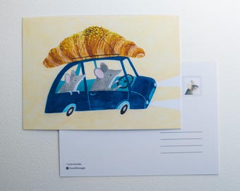 Pistachecroissant / A6-kaart / Kleurrijke en unieke kaart / Aquarel ansichtkaart / Snail mail / Postcrossing / Voor liefhebbers van muizen en gebak
