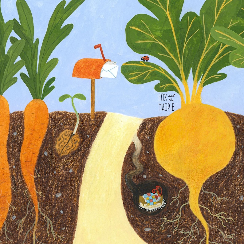 Puede incluir: Ilustraci&oacute;n colorida de un jard&iacute;n con zanahorias, un buz&oacute;n y un nabo amarillo grande. El texto "FOX and the MAGPIE" es visible. Una hormiga est&aacute; en una hoja y una madriguera con una cama est&aacute; en el suelo.