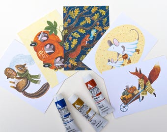 Autumn Postcards: Set of 5 / Whimsical Watercolour Cards / Snail mail / Postcrossing / Postcard bundle / Forest Animals / Fall Stationery