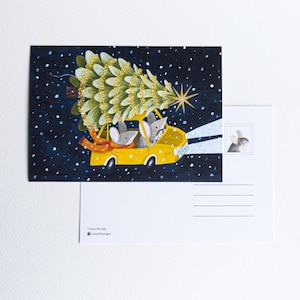 Souris de Noël festives / Carte postale A6 / Carte colorée et unique / Carte postale aquarelle / Col postale / Postcrossing / Hiver / Sapin de Noël