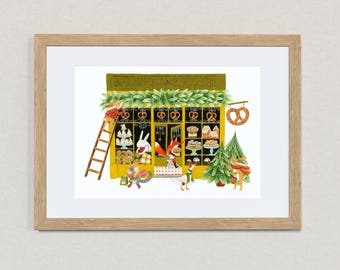 Winter Bakery / Signed A4 Fine Art Print / Stylized Illustration Print / Wall Decor / Colourful Wall Art / For Pastry and Animal Enthusiasts