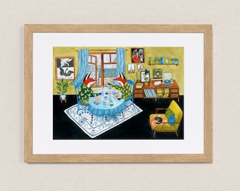 Late Sunday Breakfast / Signed A4 Fine Art Print / Stylized Illustration Print / Wall Decor / Colourful Wall Art / For Fox Enthusiasts