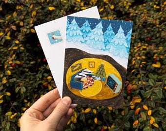 Serata cinema con i tassi / Cartolina natalizia stravagante / Biglietto di Natale / Illustrazione invernale accogliente / Animali del bosco / Posta ordinaria / Postcrossing