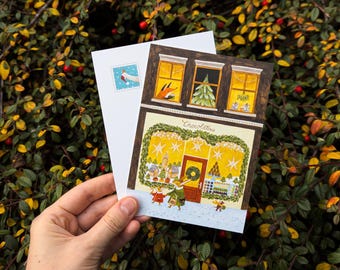 Chocolatería / Postal festiva navideña / Tarjeta navideña original / Ilustración invernal acogedora / Animales del bosque / Correo postal / Postcrossing