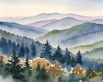 Blue Ridge Mountains Painting Watercolor Art Print Blue Ridge Parkway  Landscape Wall Art Moutain Forest Artwork