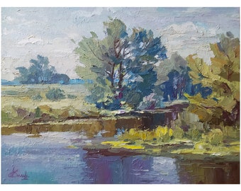 Ukrainian landscape in oils. Art print. Giclee. Summer picture of a lake. Print from an original oil painting.