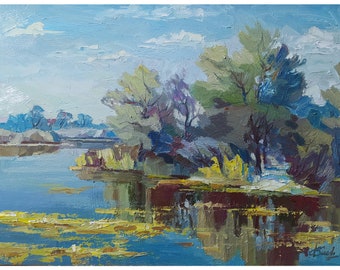 Ukrainian landscape in oils. Art print. Giclee. Summer picture of a lake. Print from an original oil painting.