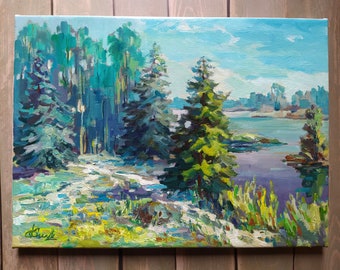 Autumn landscape in oils. Art print. Giclee. Summer picture of a lake. Print from an original oil painting.