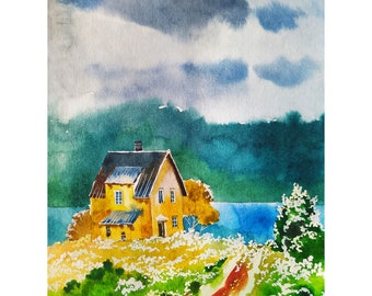 Une maison écossaise au bord de la mer. Angleterre. Aquarelle villageoise anglaise. Impression. Impression à partir d'une peinture originale. Décoration de cuisine.