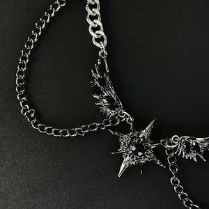 Gothic Angel Wings Choker Necklace – Stainless Steel Cuban Chain, Black Gem Star Pendant, Dark Aesthetic Jewelry