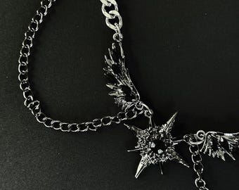 Collana girocollo con ali d'angelo gotiche - Catena cubana in acciaio inossidabile, ciondolo a stella con gemma nera, gioielli dall'estetica dark