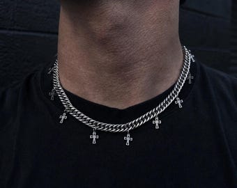 Gothic Cross Choker Necklace – Stainless Steel Cuban Link Chain, Dangling Cross Charm Necklace, Punk Grunge Alt Jewelry, Statement Chain