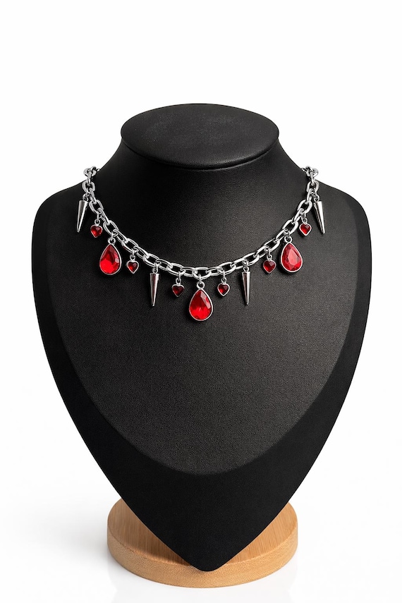 Gothic Red Crystal Choker Necklace | Vampirecore Heart Jewelry | Dark Coquette Spiked Chain | Romantic Gothic Statement Necklace