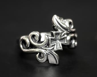 Anello con croce gotica in argento – Gioiello medievale in filigrana barocca, anello con armatura dark fantasy non regolabile, accessorio alternativo unisex
