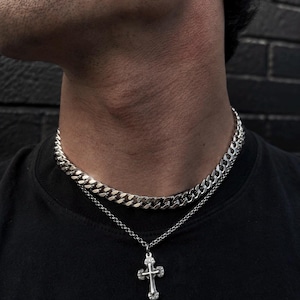 Halsband med korshänge i lager – Dubbel kubansk länkkedja i rostfritt stål, gotiska grunge punksmycken, silverhalsband med korshänge, unisex
