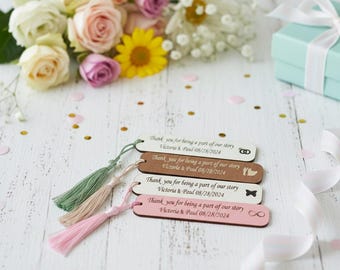 Engraved Wooden Wedding Favors, Personalized Bookmark with Tassels, Bulk Party Gifts for Guests, Custom Baby Shower or Adult Birthday Favor