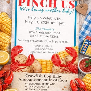 Può includere: Annuncio di nascita per un "Crawfish Boil" con il testo "Pinch Us, We're having another baby!". L'invito include gamberi di fiume, mais, patate e limoni. È un modello modificabile e un file digitale.