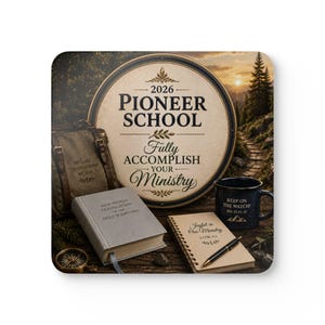 Op de afbeelding: Een vierkante onderzetter met een rond bord met de tekst 2026 PIONEER SCHOOL FULLY ACCOMPLISH YOUR MINISTRY. Inbegrepen zijn een grijs boek getiteld NEW WORLD TRANSLATION OF THE HOLY SCRIPTURES, een bruine tas, een notitieboek, een pen en een donkere mok.