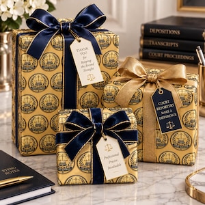 May include: Three gift boxes wrapped in gold paper with a repeating black court reporter emblem featuring a scale of justice. The boxes are tied with navy blue or gold satin ribbons and include white or navy gift tags with text for court reporters.