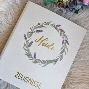 F Personalisierte Mappe Ordner für Zeugnisse und  Urkunden mit Namen Leinen Blumen Floral Buchrückenbeschriftung | Zeugnisordner Mädchen