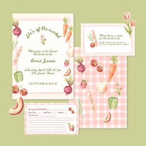Lot d'invitations pour la douche nuptiale Elle vient de sortir du marché, modèle de carte de recette et d'invitation pour la douche nuptiale Farmers Market modifiable