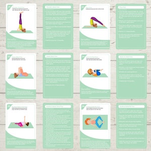 May include: A set of six illustrated cards with green backgrounds and white borders. Each card features a different yoga pose for children, with a description of the pose and its benefits. The cards are numbered 31 through 36.
