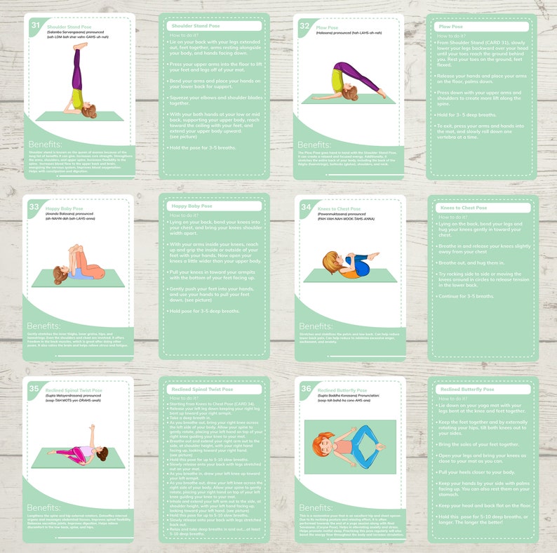 May include: A set of six illustrated cards with green backgrounds and white borders. Each card features a different yoga pose for children, with a description of the pose and its benefits. The cards are numbered 31 through 36.