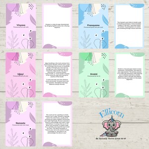 May include: A set of 10 colorful yoga cards with illustrations and text. The cards feature different yoga poses and breathing techniques. The text includes the name of the pose or technique, its pronunciation, and a brief description. The cards are designed to help people learn about yoga and its benefits.