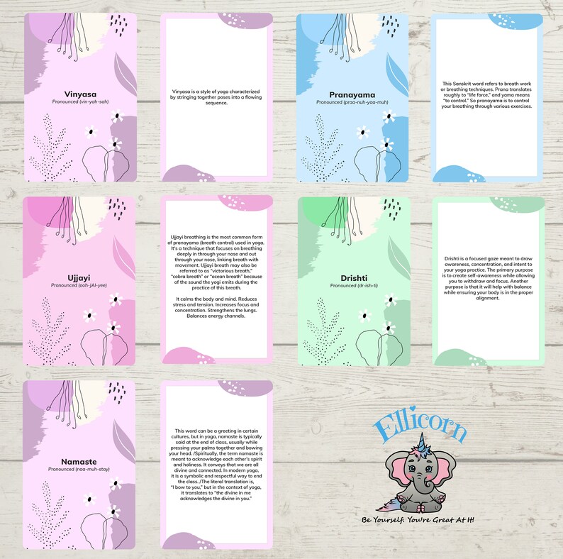 May include: A set of 10 colorful yoga cards with illustrations and text. The cards feature different yoga poses and breathing techniques. The text includes the name of the pose or technique, its pronunciation, and a brief description. The cards are designed to help people learn about yoga and its benefits.