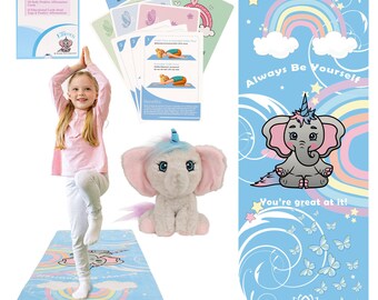 Kids Yoga Mat Set - 100 Beginner Yoga Flashcards For Kids + Positive Affirmations, Vegan Suede TPE Mat, Girls Yoga Gift, Yoga Christmas Gift