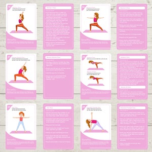 May include: A set of 6 pink cards with illustrations of yoga poses. Each card features a girl in a different pose and includes the name of the pose, instructions on how to do the pose, and the benefits of the pose.