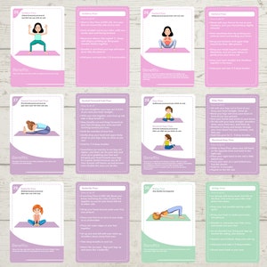 May include: A set of 10 illustrated cards with instructions for yoga poses. Each card features a cartoon illustration of a person performing the pose, along with the name of the pose and its benefits. The cards are designed with a pink and green color scheme.