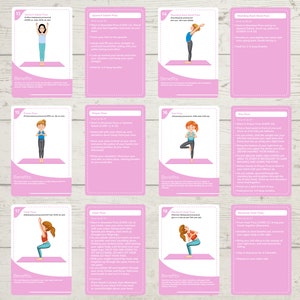 May include: A set of 6 pink cards with illustrations of yoga poses. Each card features a cartoon girl demonstrating a pose, with instructions and benefits listed below. The poses include Upward Salute Pose, Standing Back Bend Pose, Prayer Pose, Tree Pose, Chair Pose, and Bound Chair Pose.
