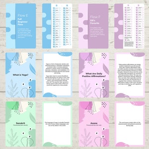 May include: A set of eight colorful cards with a floral design and text about yoga. The cards include information about yoga poses, Sanskrit, daily positive affirmations, and the benefits of yoga.