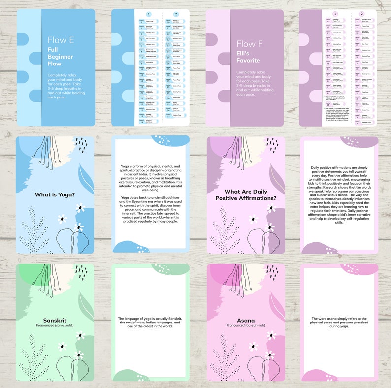 May include: A set of eight colorful cards with a floral design and text about yoga. The cards include information about yoga poses, Sanskrit, daily positive affirmations, and the benefits of yoga.
