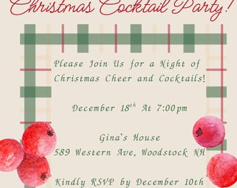 Puede incluir: Una tarjeta de invitación para una fiesta de cóctel navideña con fondo beige, borde de cuadros verdes y rojos, e ilustraciones en acuarela de ramas de pino, piñas, bayas rojas y un lazo beige. El texto dice: Christmas Cocktail Party! Please Join Us for a Night of Christmas Cheer and Cocktails! December 18th At 7:00pm, Gina's House, 589 Western Ave, Woodstock NH, Kindly RSVP by December 10th to 774-505-****