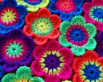 10 Crochet Flowers - Handmade Large Applique Sew on Motif 3.5 Inch - Art Craft projects, make bunting, add granny squares clothing knit Neon