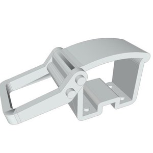 May include: A silver metal buckle with a hinged design. The buckle has a rectangular shape with a curved top and a small, rectangular opening on the side.