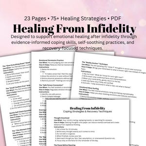 以下が含まれることがあります： Healing From Infidelityと題された23ページのPDFドキュメントで、75以上の回復戦略が記載されています。白い紙に黒い文字で、Slow Everything Down ResetやReality Anchorなどの対処法や回復のためのテクニックが詳しく説明されています。