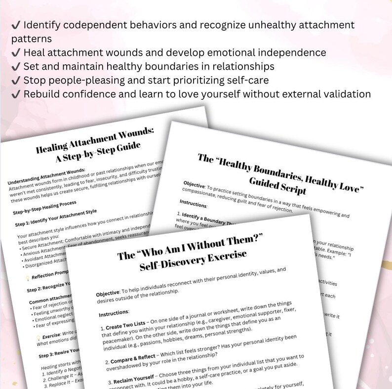 Worksheet exercises focused on overcoming codependency, including reflection prompts and practical steps for personal growth. Part of a downloadable relationship repair guide. Journaling and action prompts to help recognize codependent behaviors, build self-esteem, and create healthier connections.