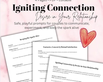 Op de afbeelding: Een PDF-werkblad getiteld "Igniting Connection & Desire in Your Relationship" met prompts voor koppels. De afbeelding bevat een rode hartillustratie en tekst over communicatie en intimiteit. Het werkblad is ontworpen voor therapiesessies.
