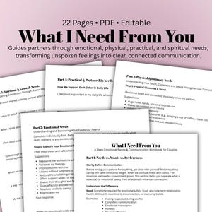 May include: A workbook titled "What I Need From You" with the subtitle "A Deep Emotional Needs & Communication Workbook for Couples." The cover is white with black text. The workbook guides partners through emotional, physical, practical, and spiritual needs.