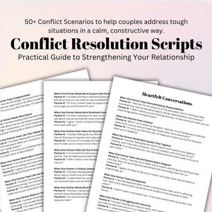 May include: A close-up of a page from a book titled "Conflict Resolution Scripts: Practical Guide to Strengthening Your Relationship". The page features a list of common relationship conflicts and provides conversation starters for couples to resolve them.