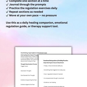 May include: A workbook page with text on how to use it, including prompts and exercises. The page also includes sections on emotional regulation, healing practices, and daily rewiring for secure attachment. The text is in black font.