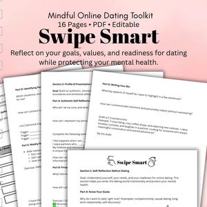 Może przedstawiać: Cyfrowy zestaw narzędzi "Swipe Smart" do uważnego randkowania online, 16 stron w formacie PDF. Obraz przedstawia arkusze z instrukcjami do autorefleksji, prezentacji profilu i pisania biogramu. Zestaw pomaga zastanowić się nad celami i wartościami.