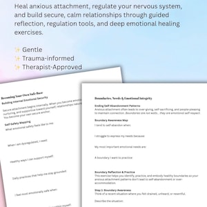 May include: Two worksheets with text about emotional well-being and self-regulation. The top of the image has text that reads "Overthinking. Emotional anxiety. Fear of abandonment. You're not broken... you're wired for connection."