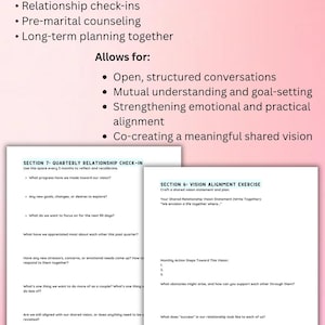 May include: A pink and white document with text about relationship check-ins, vision alignment, and shared goals. The document includes prompts for couples to reflect on their relationship and plan for the future. The text includes the phrases "Engaged & married couples" and "Co-creating a meaningful shared vision."